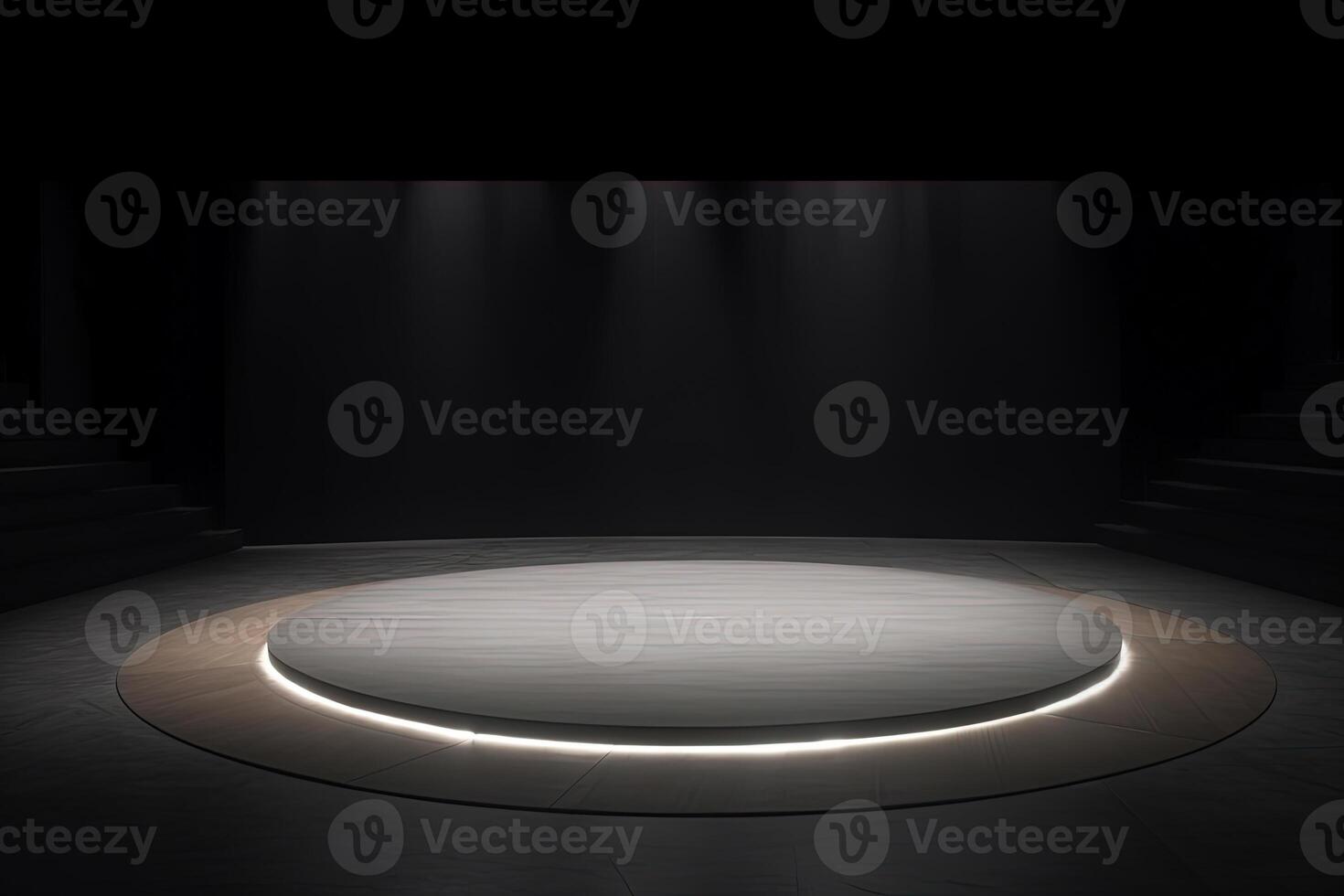 een circulaire platform podium met wit neon licht Aan donker achtergrond. ai gegenereerd foto