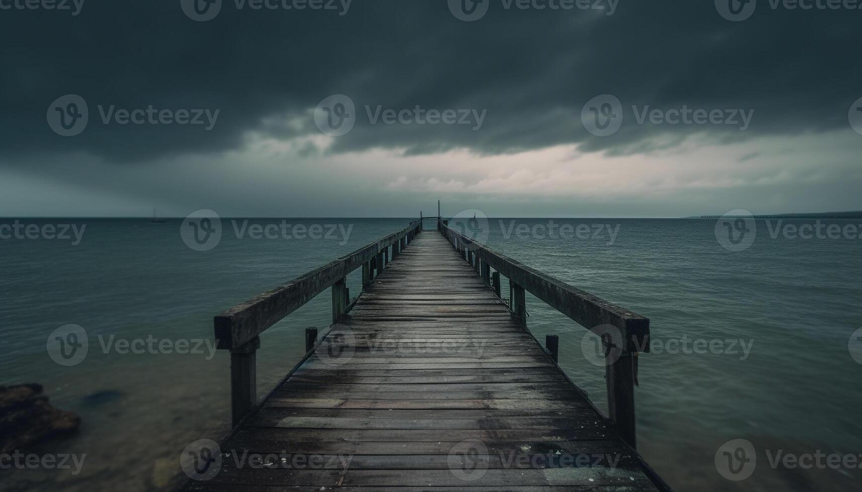 rustig zonsondergang over- oud houten promenade pier gegenereerd door ai foto