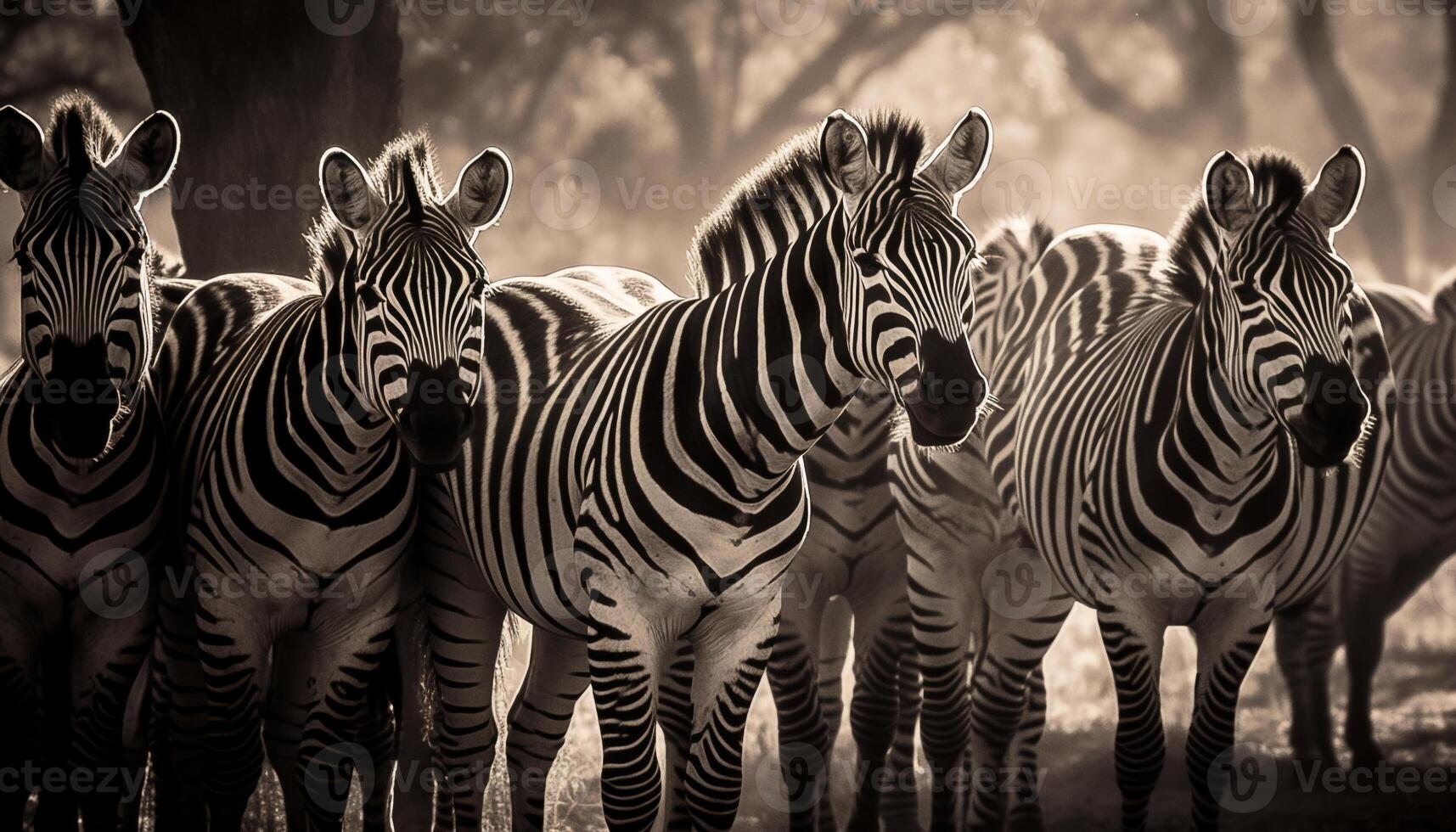 gestreept zebra kudde in een rij Aan savanne gegenereerd door ai foto