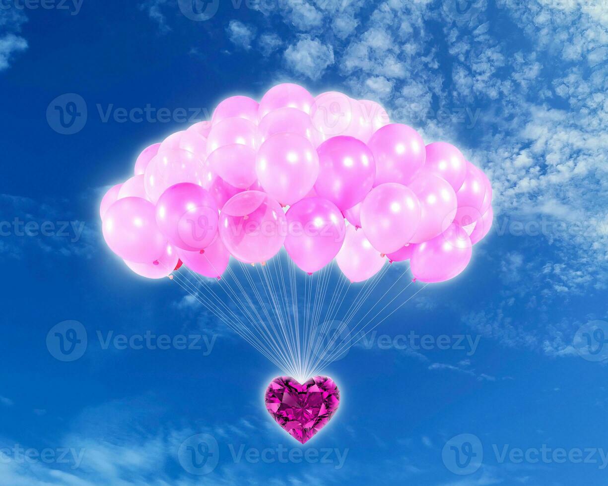 roze hart vormig diamanten en roze ballonnen, helder lucht achtergrond, valentijnsdag dag concept foto