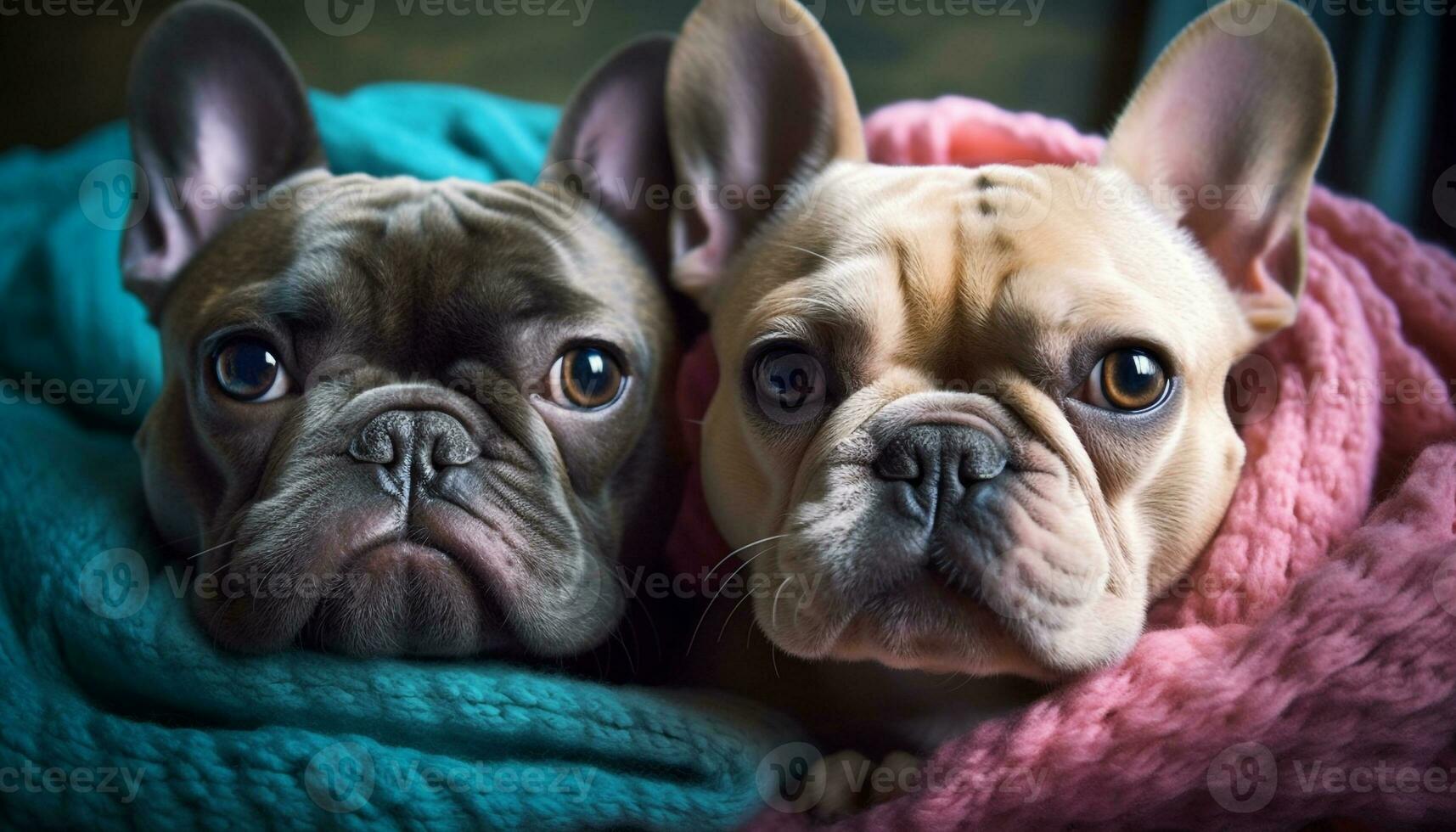 schattig Frans bulldog puppy spelen met mopshond, binnenshuis en buitenshuis generatief ai foto