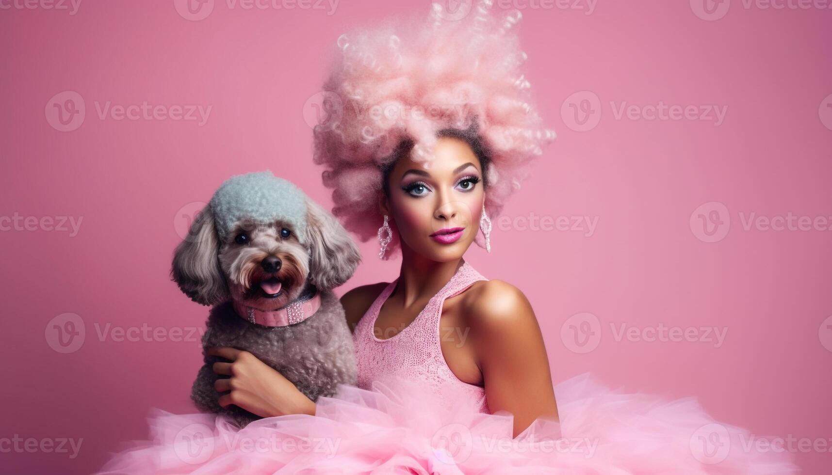 schattig hond en Dames in roze kostuum delen speels liefde generatief ai foto