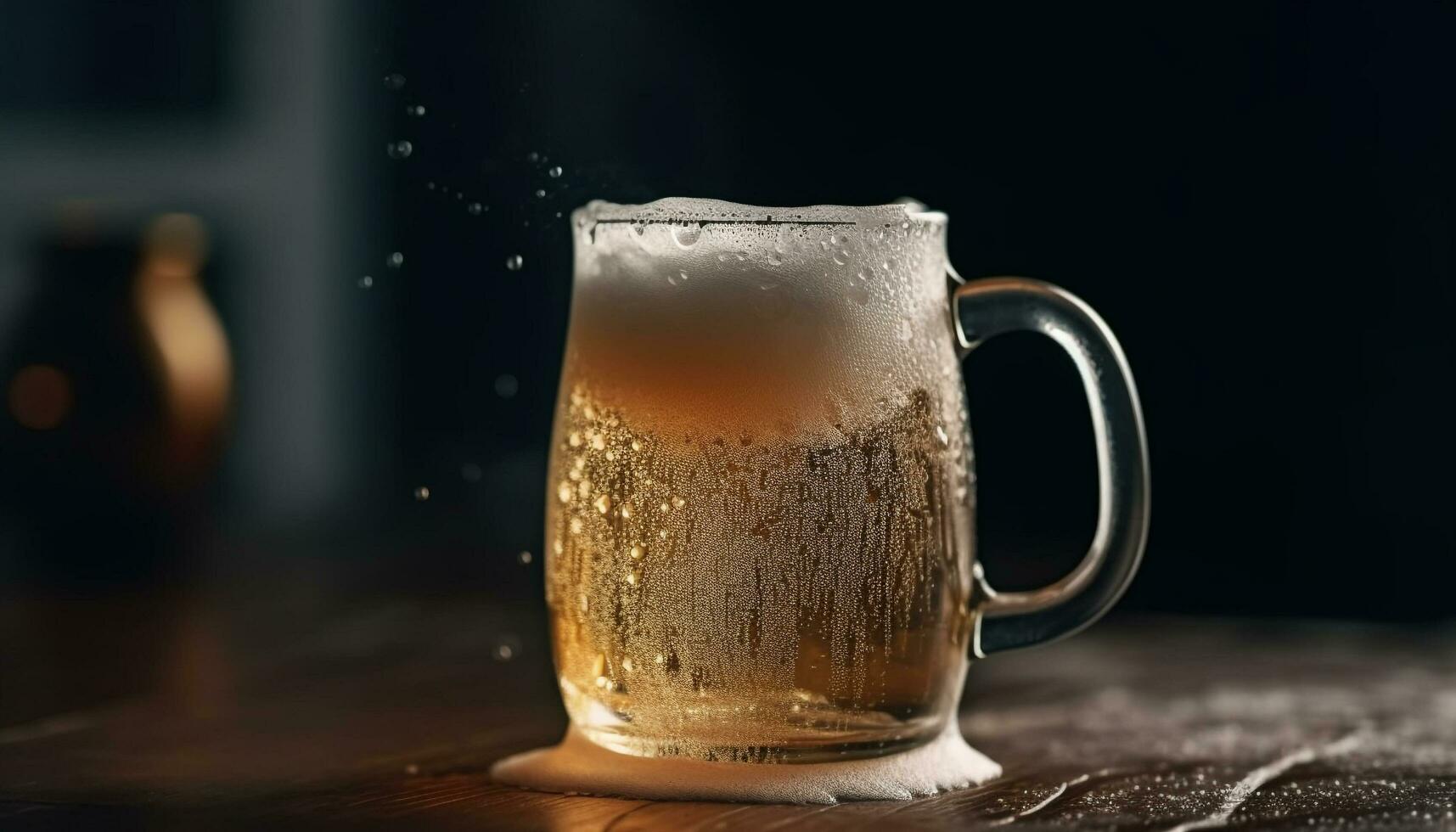 een schuimig pint van bier Aan een houten tafel, proost gegenereerd door ai foto