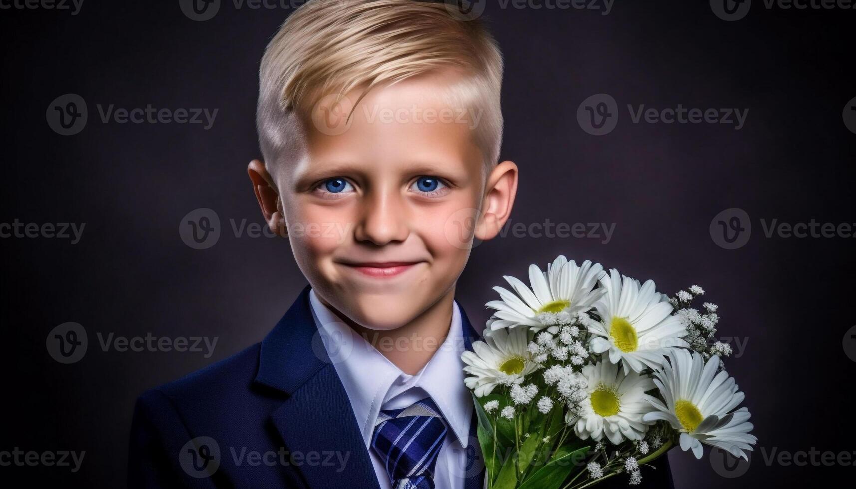 schattig schooljongen Holding madeliefje, glimlachen met vertrouwen Bij camera binnenshuis gegenereerd door ai foto