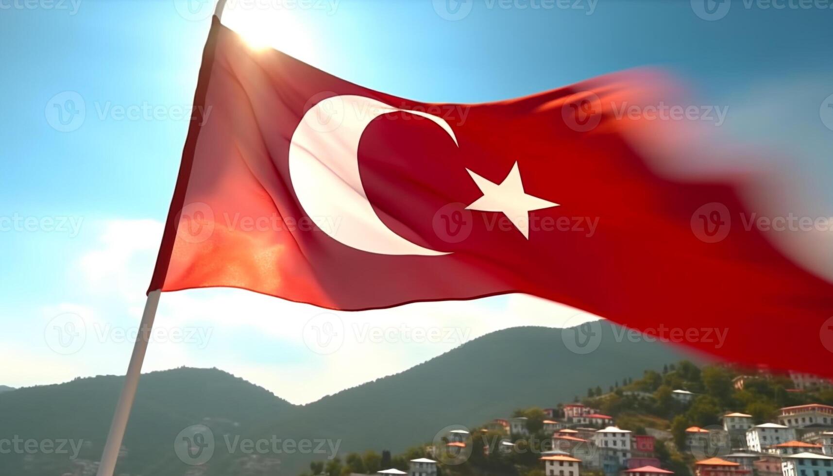 majestueus berg golven vlag in Doorzichtig lucht, symboliseert Turks patriottisme gegenereerd door ai foto