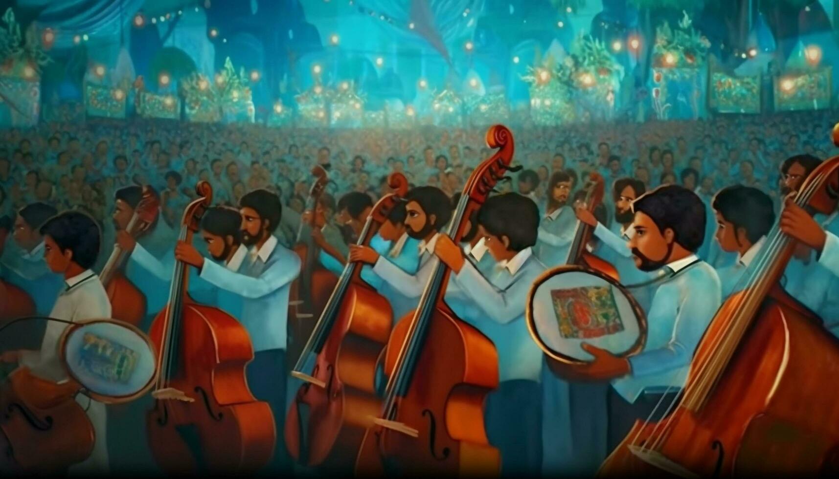 muzikanten spelen viool en fluit, publiek juichen, vieren musical culturen gegenereerd door ai foto