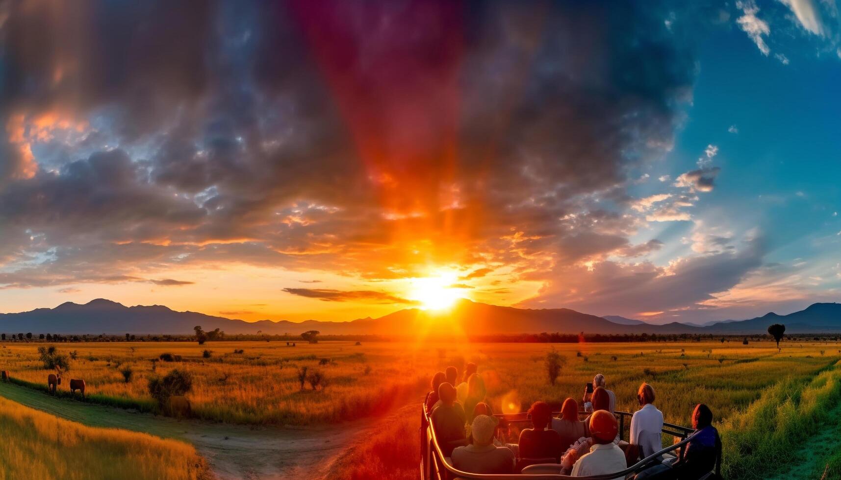 silhouet van mannen zittend in gras, genieten van rustig zonsondergang duidelijk gegenereerd door ai foto