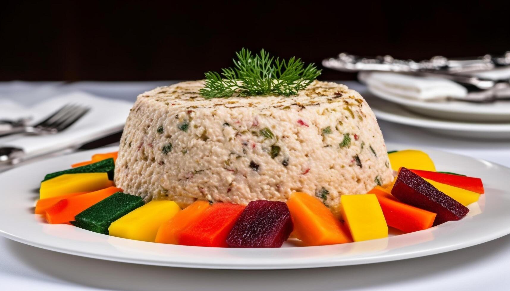 multi gekleurde zeevruchten risotto met vers vis, groenten, en koriander saus gegenereerd door ai foto