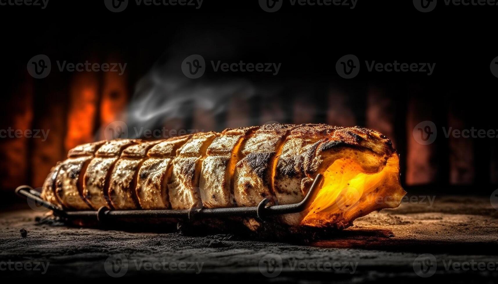 gegrild vlees Aan vleespen, gekookt over- brandend hout vlam gegenereerd door ai foto