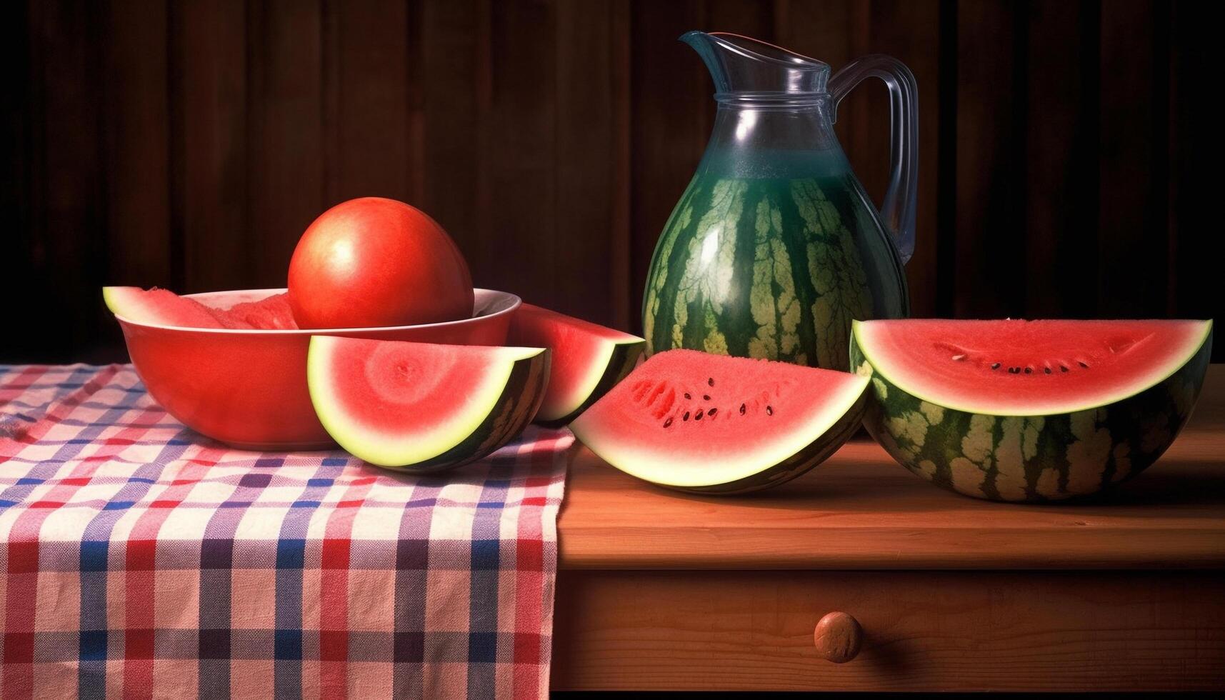 rijp watermeloen plak Aan rustiek tafel, perfect zomer verfrissing tussendoortje gegenereerd door ai foto