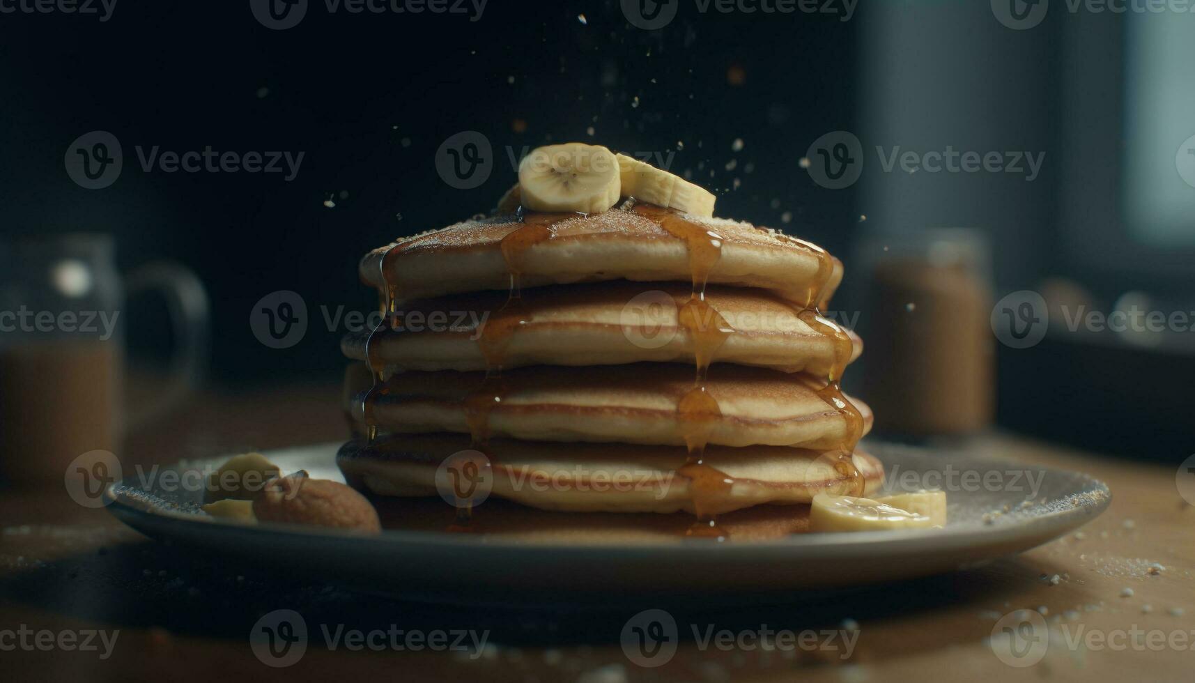stack van eigengemaakt pannekoeken met siroop en boter Aan hout gegenereerd door ai foto