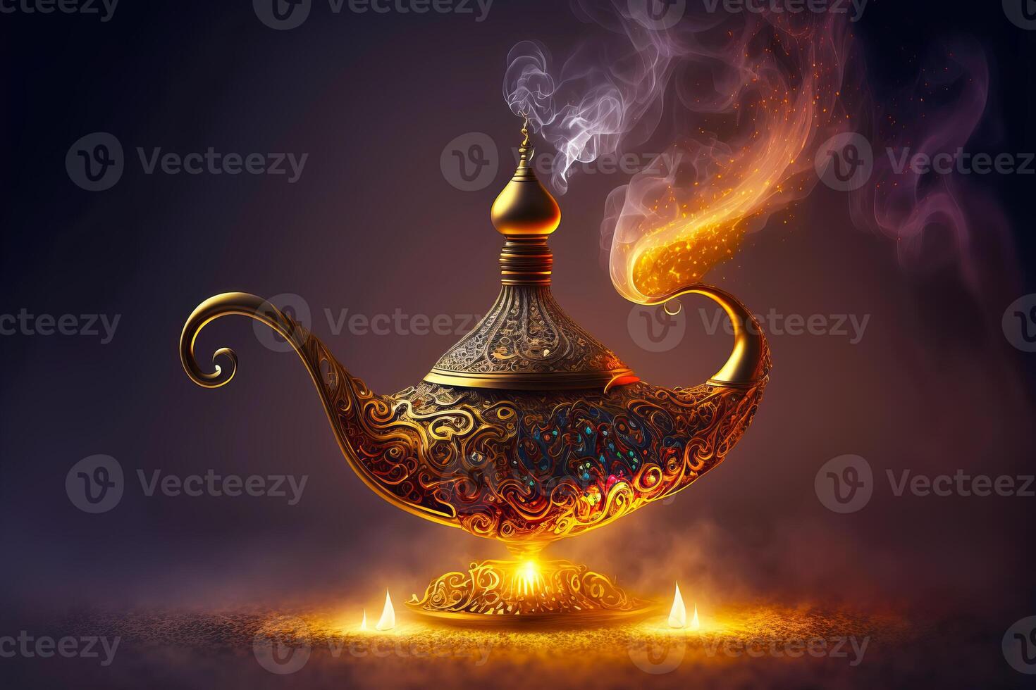 aladdin's mysterieus lamp met gloeiend rook, Bij de tijd van de uiterlijk van de geest. generatief ai illustratie foto