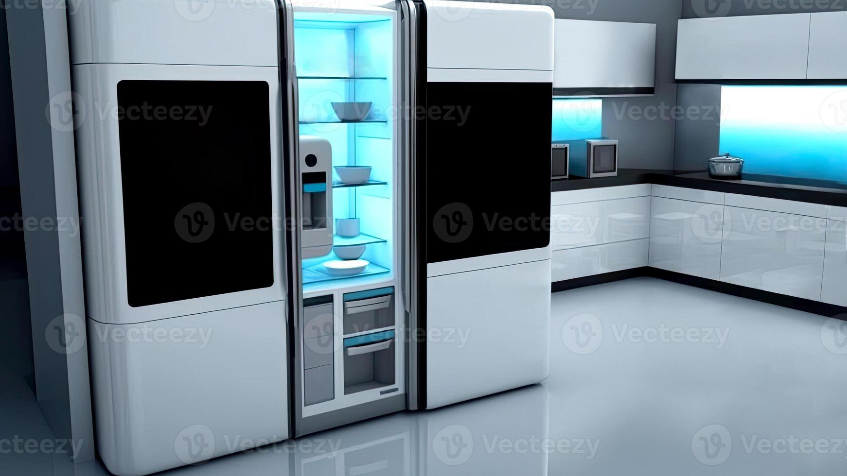 keuken met slim huishoudelijke apparaten met Scherm scherm en een slim oven met spraakgestuurd instellingen, concept van slim huis en kunstmatig intelligentie, gemaakt met generatief ai technologie foto