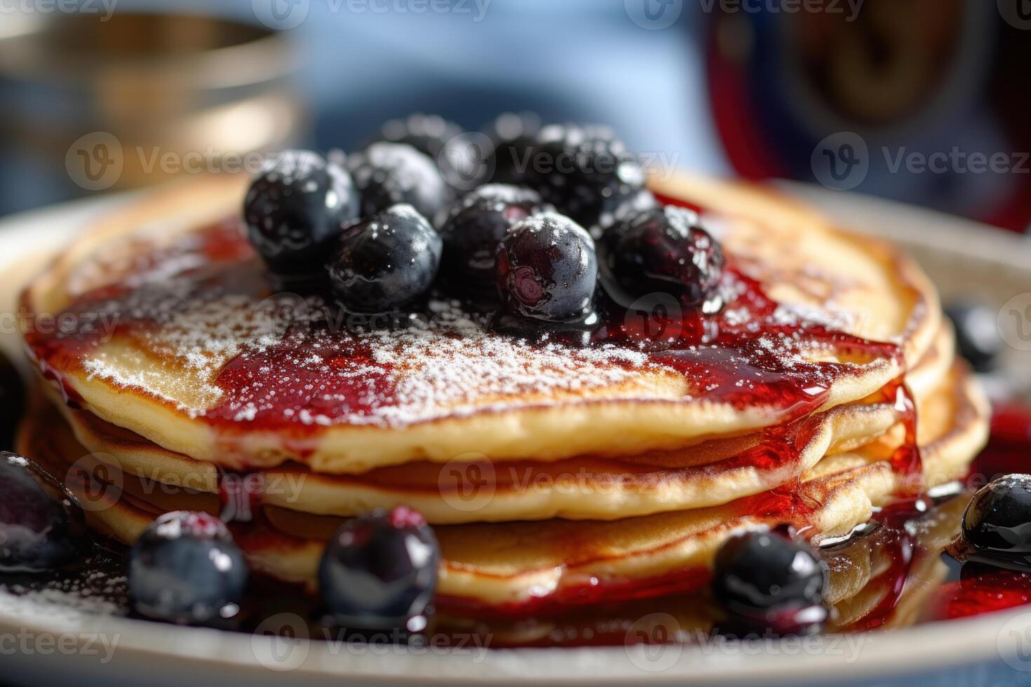 voorraad foto van warm pannenkoek met bosbes siroop voedsel fotografie generatief ai