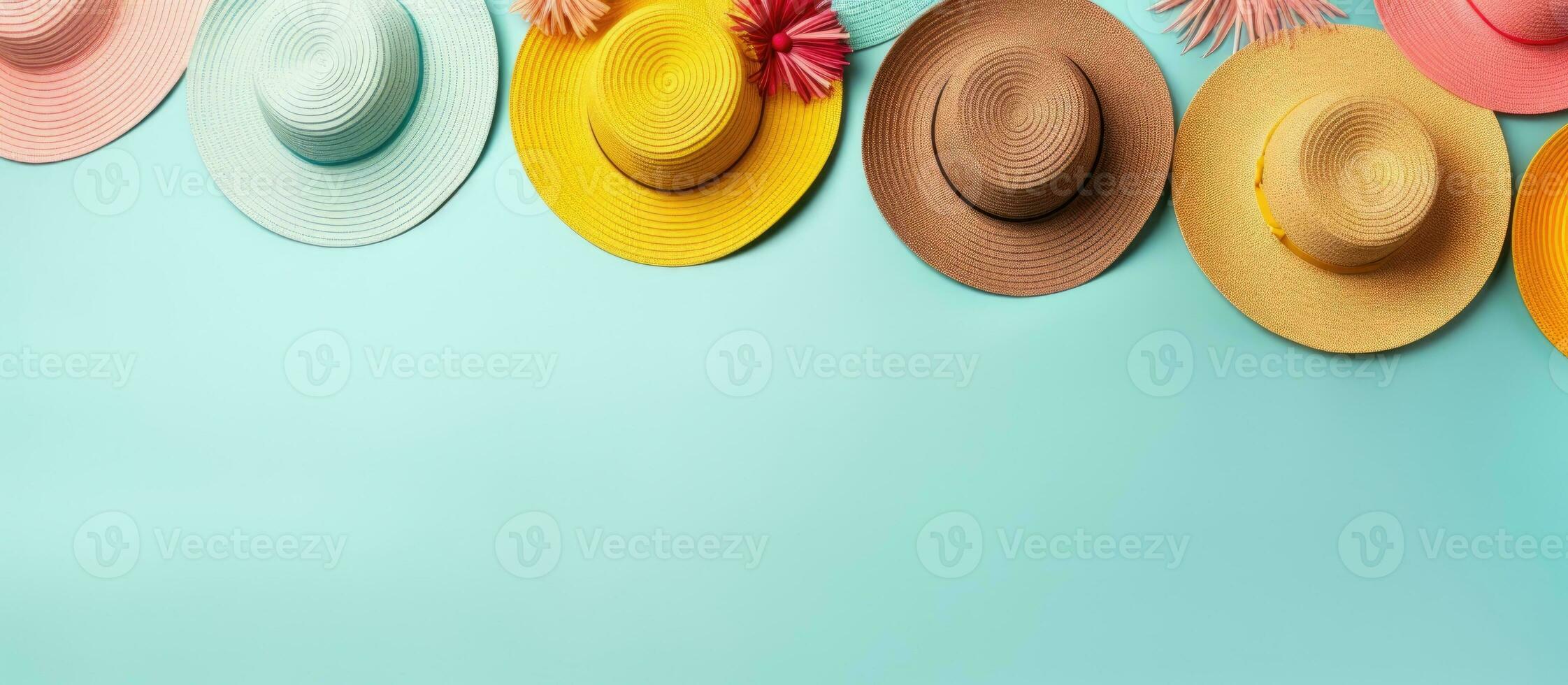 een rij van kleurrijk hoeden Aan een blauw achtergrond gemaakt met generatief ai technologie foto