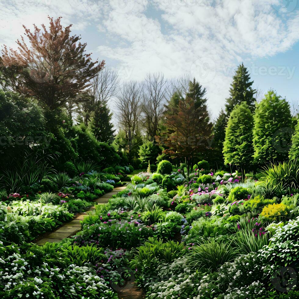 hemel tuin landschap met mooi bloemen, groen bomen en planten gemaakt met generatief ai technologie foto
