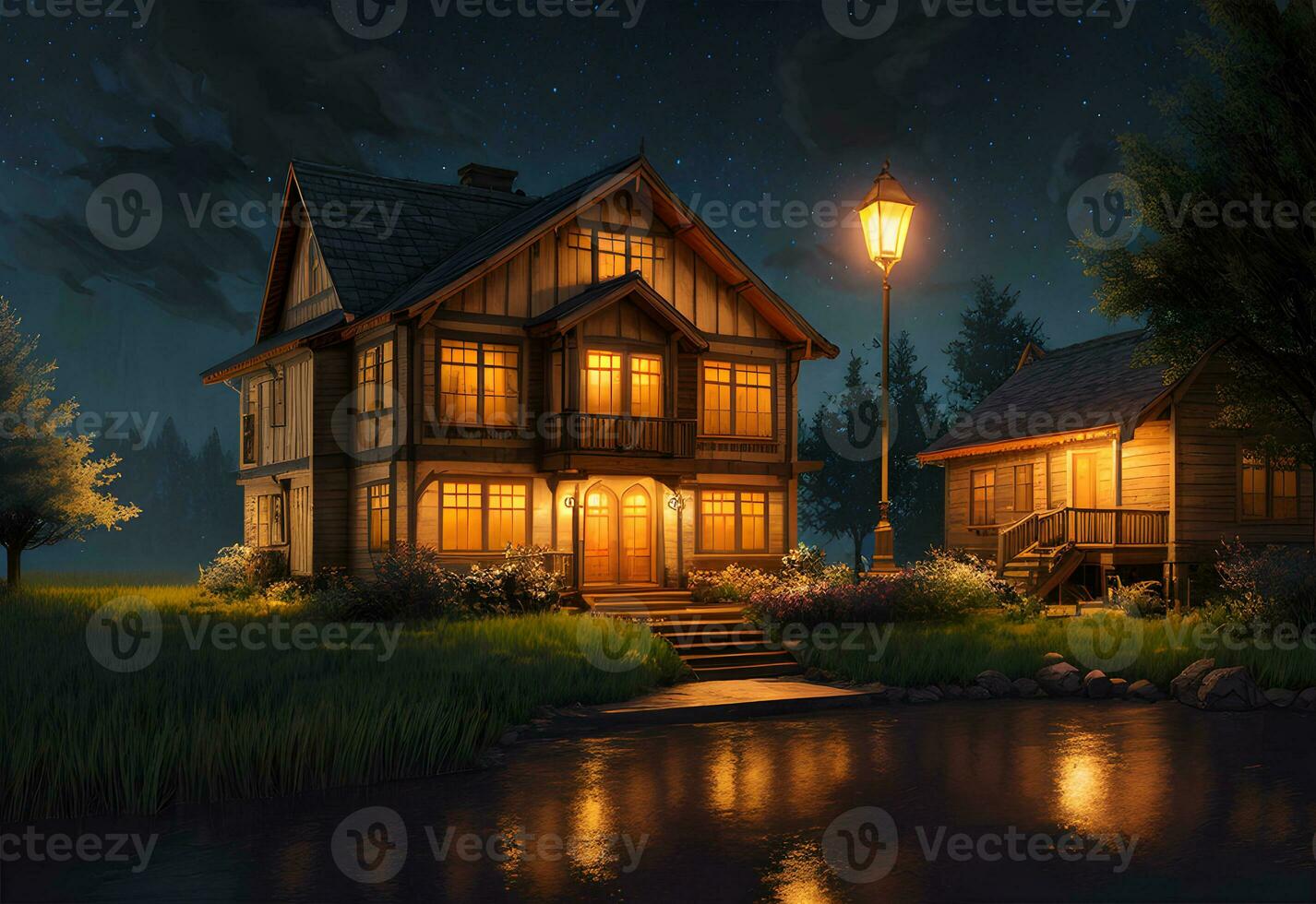 verbijsterend realistisch huis buitenkant Bij nacht milieu gemaakt met generatief ai technologie foto
