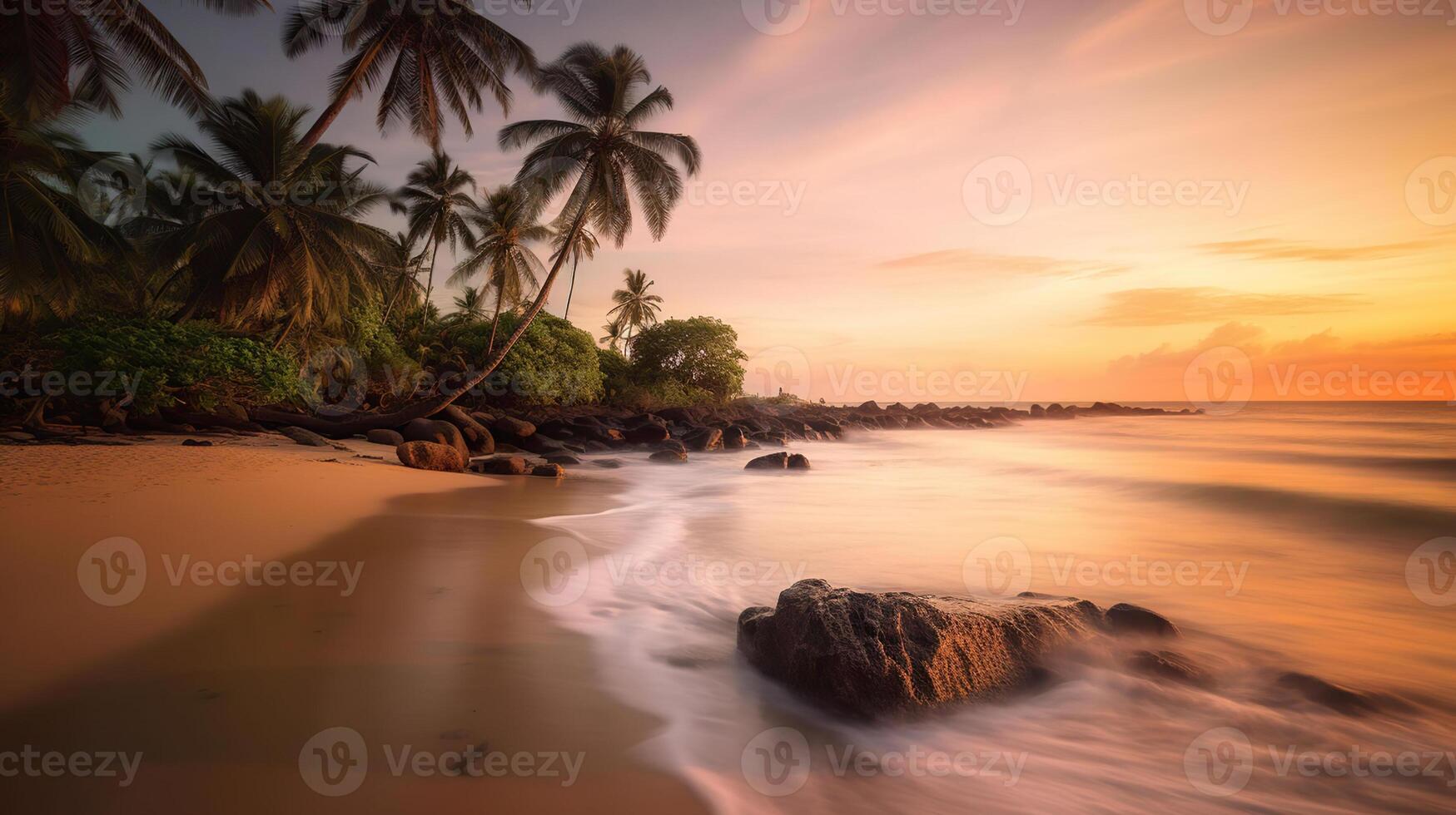 een tropisch strand met kristal - Doorzichtig water, palm bomen zwaaiend in de briesje, en een kleurrijk zonsondergang in de achtergrond, generatief ai foto