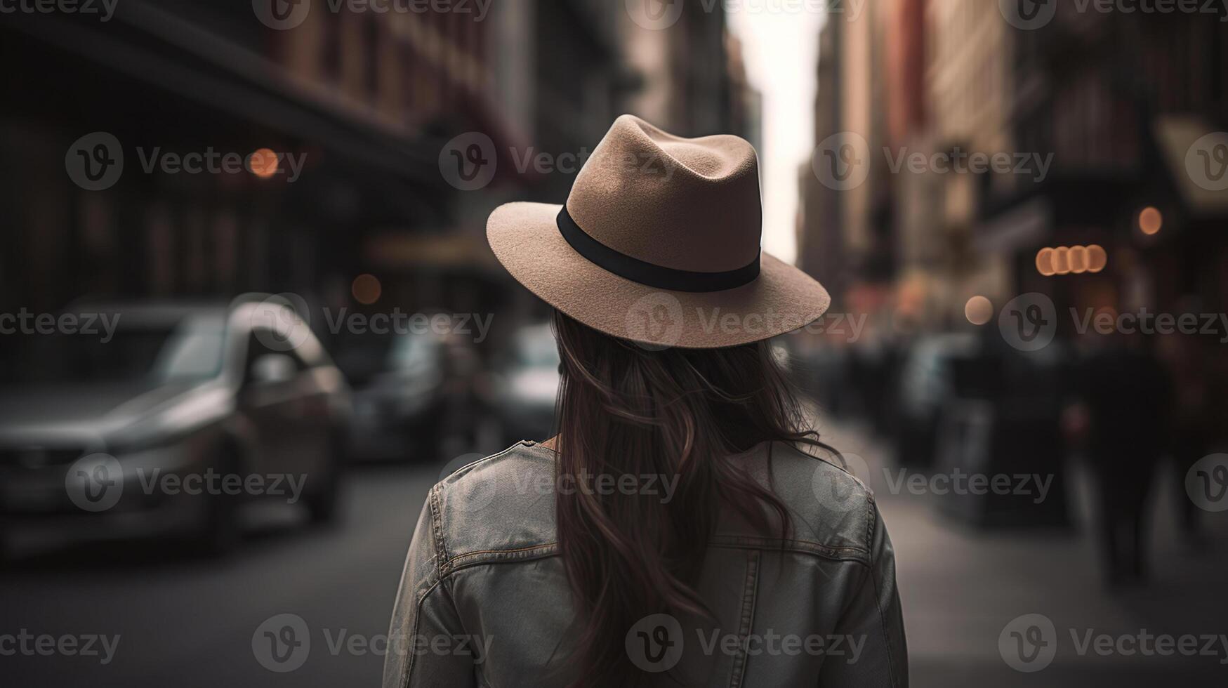vastleggen de charisma van een jong vrouw in hoed wandelen door stedelijk straten. generatief ai foto