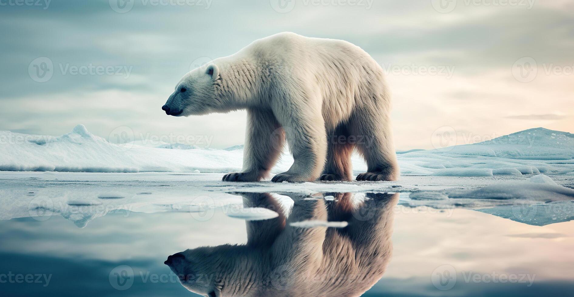 polair beer lijden ten gevolge naar smelten ijs veroorzaakt door de gevolg van klimaat verandering Aan dubbele blootstelling van globaal opwarming draaien arctisch heter in achtergrond. generatief ai foto