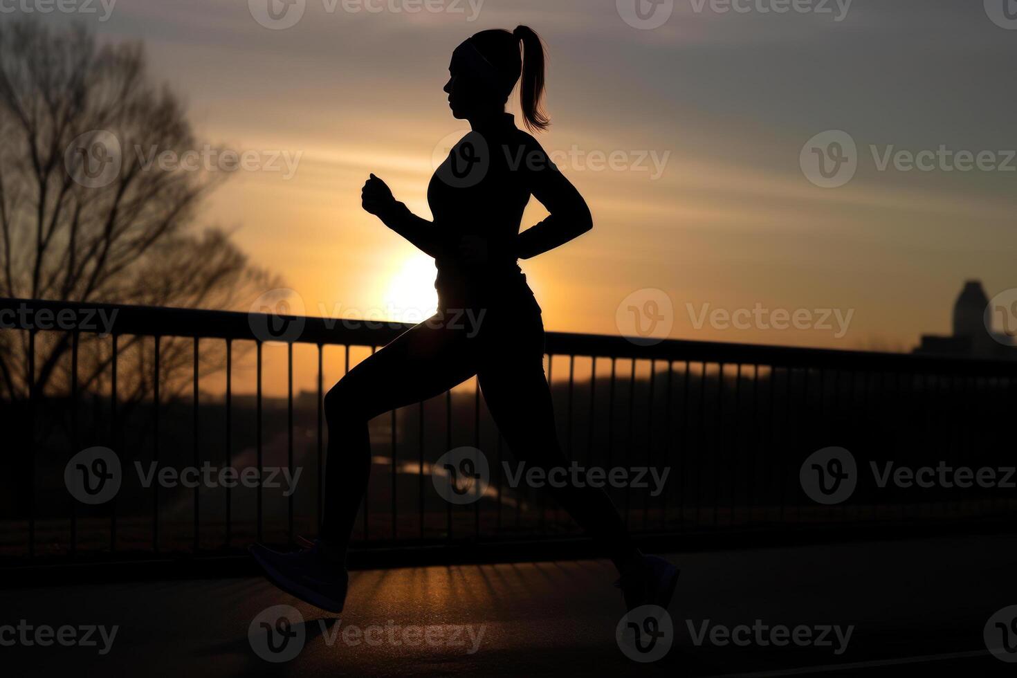 silhouet van een rennen meisje Aan de achtergrond van de avond zonsondergang generatief ai foto