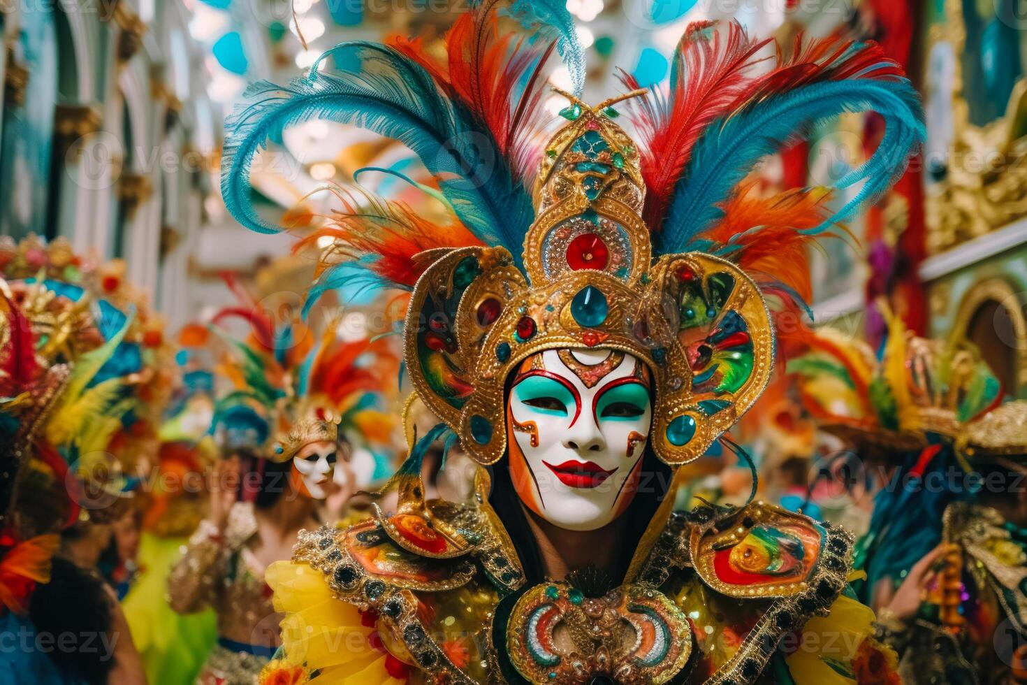 vrouw in een geschilderd kleurrijk carnaval masker generatief ai foto