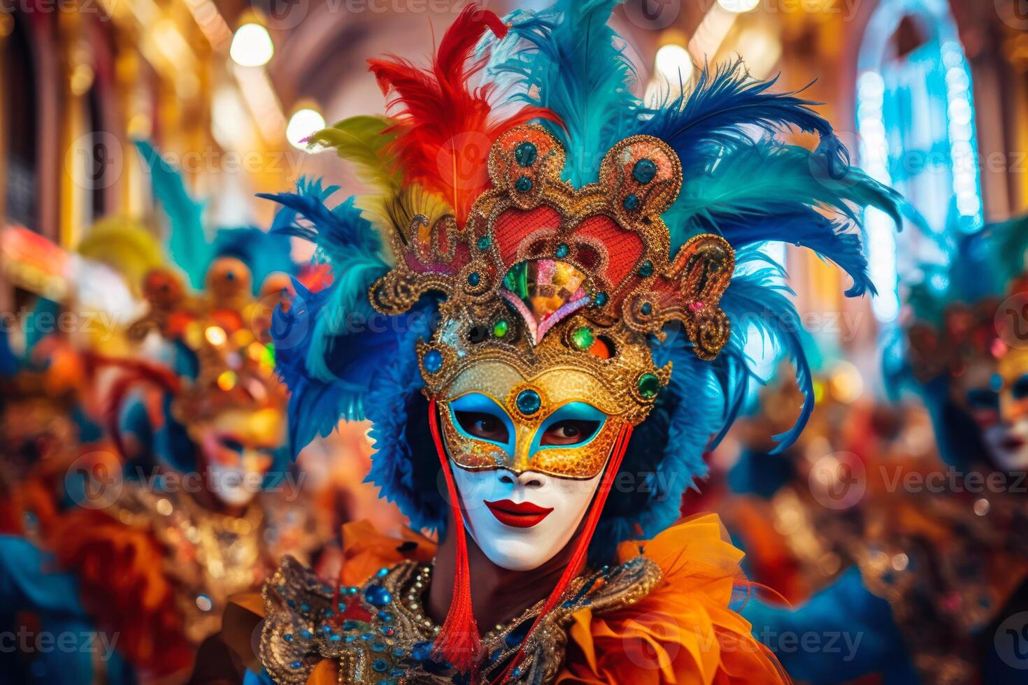 vrouw in een geschilderd kleurrijk carnaval masker generatief ai foto