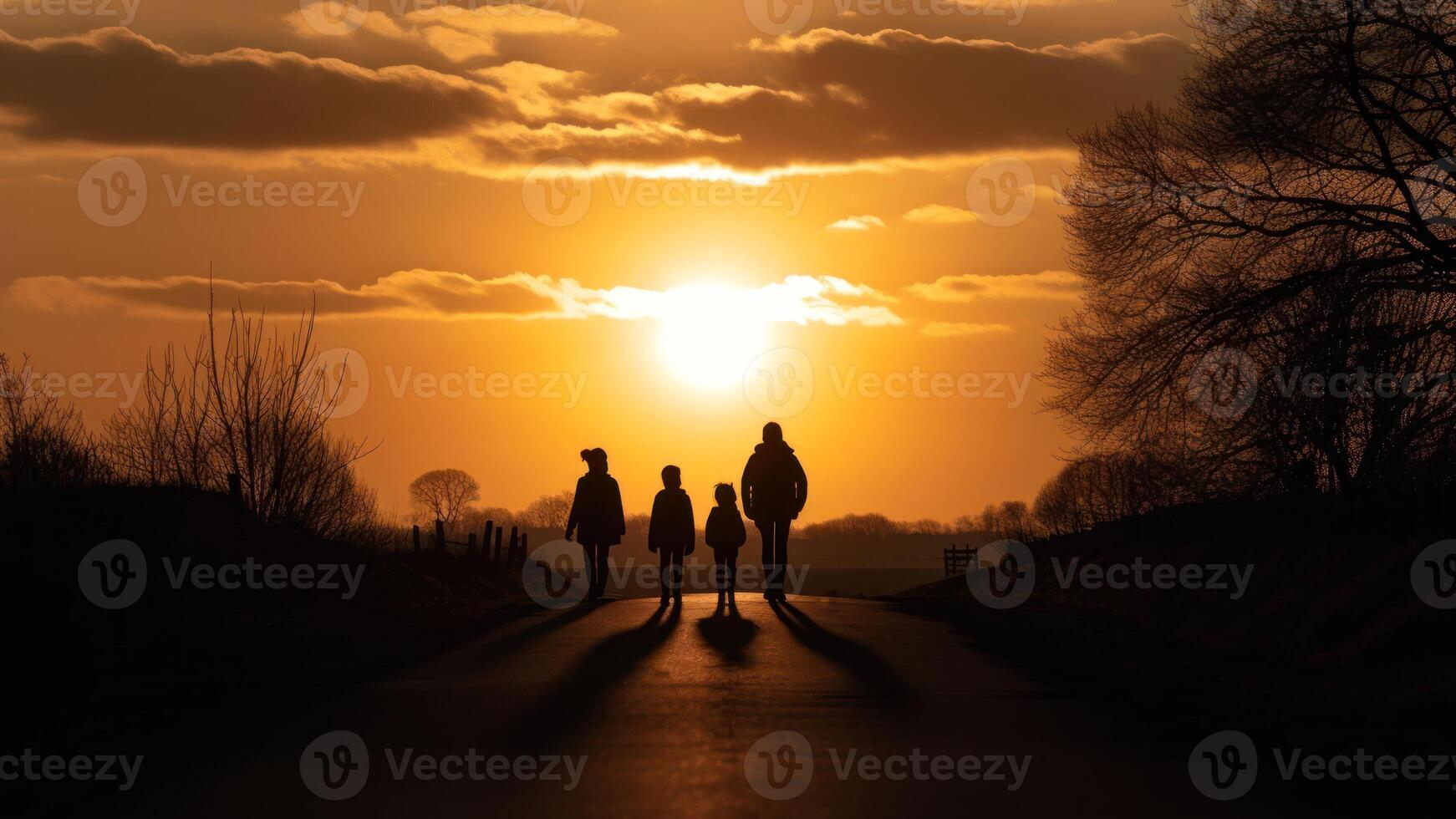 silhouetten van een familie wandelen langs een land weg in de avond generatief ai foto