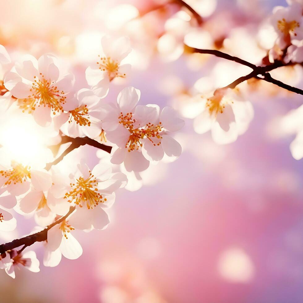vrij voorjaar bloemen prachtig bloeiende boom Afdeling Japans kers sakura en zon met een natuurlijk gekleurde achtergrond foto