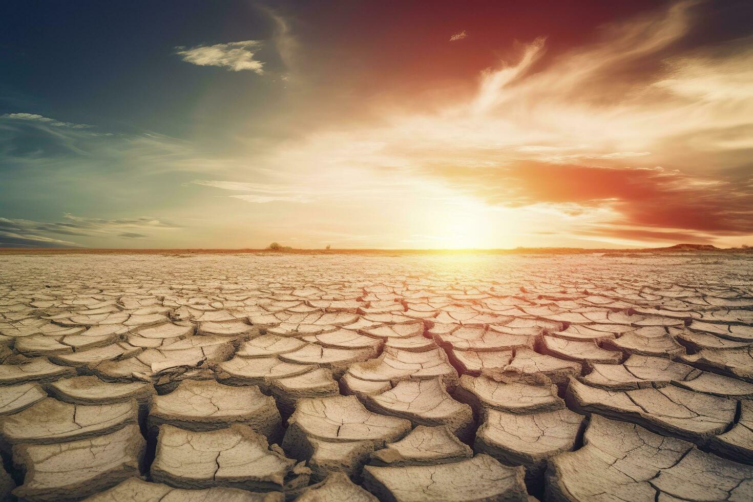 droogte concept. dor land- en zonsondergang lucht achtergrond, genereren ai foto