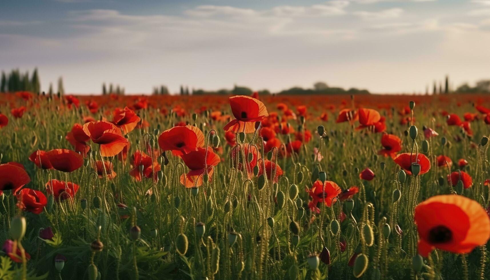 anzac dag gedenkteken papavers. veld- van rood papaver bloemen naar eer gedaald veteranen soldaten in strijd van anzac wapenstilstand dag. wilde bloemen bloeiend papaver veld- landschap, genereren ai foto
