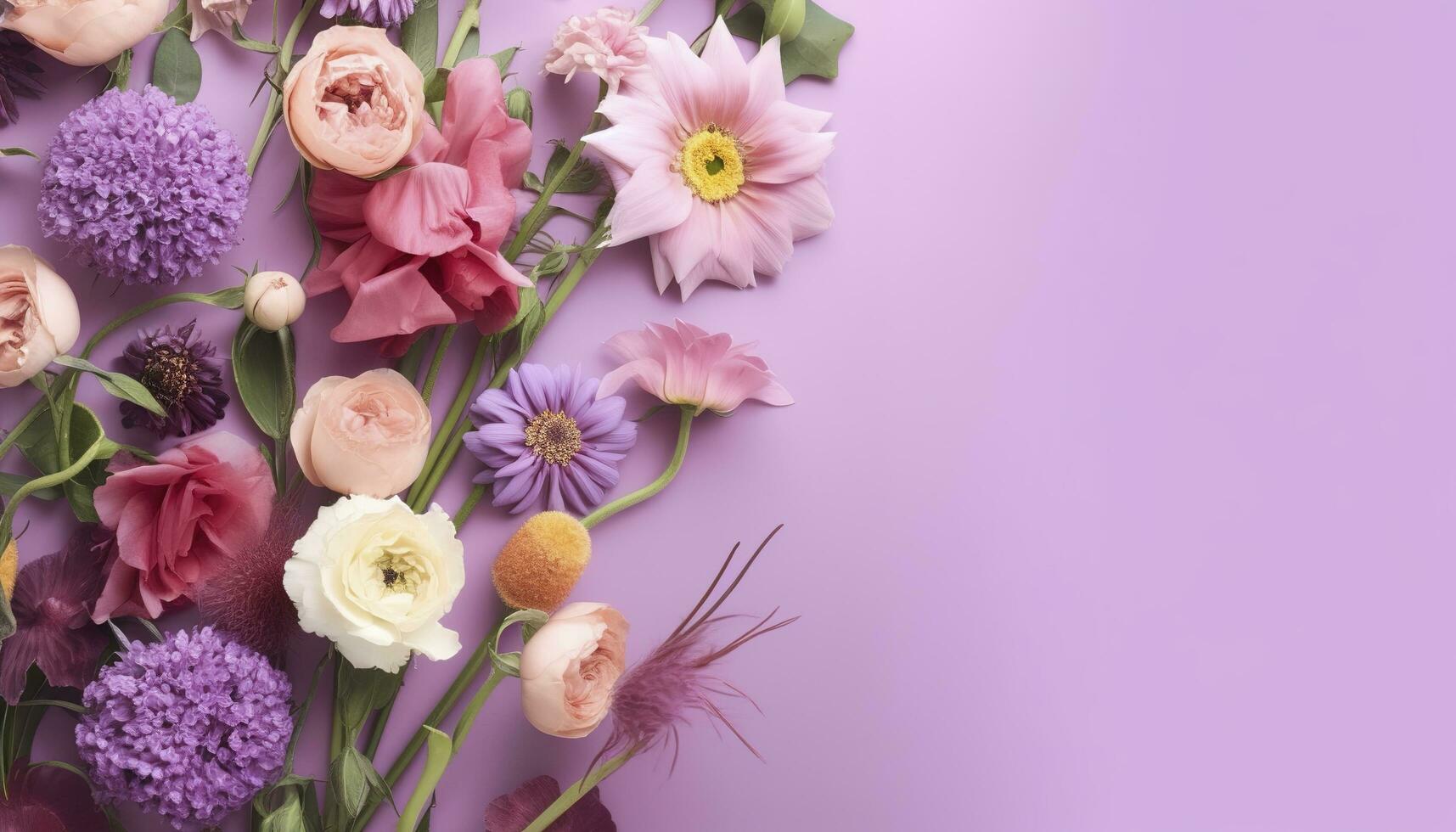 veelkleurig voorjaar bloemen Aan Purper achtergrond , genereren ai foto