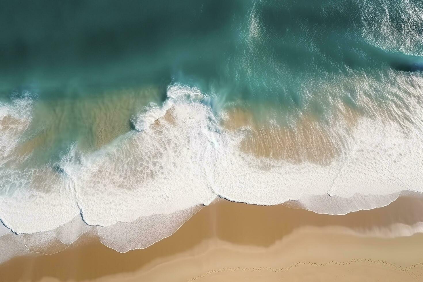 oceaan golven Aan de strand net zo een achtergrond. mooi natuurlijk zomer vakantie vakantie achtergrond. antenne top naar beneden visie van strand en zee met blauw water golven, genereren ai foto