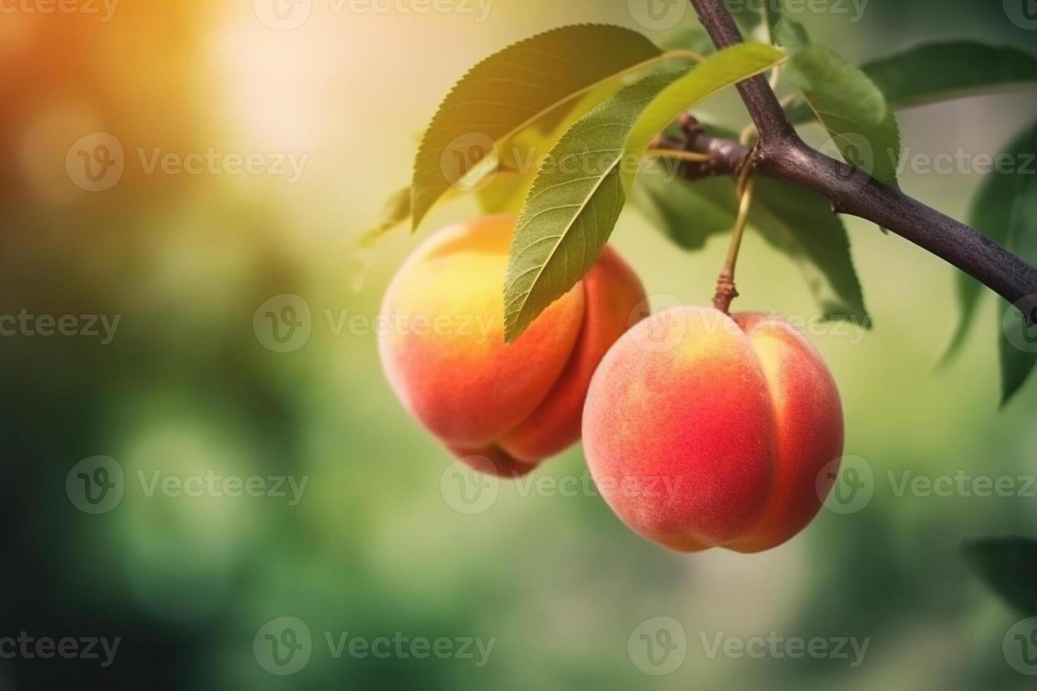 natuurlijk fruit. perziken groeit Aan een boom in de zomer. vers perziken Aan boom takken. heerlijk en gezond biologisch voeding. tuin met rijpte vruchten. kopiëren ruimte. generatief ai. foto