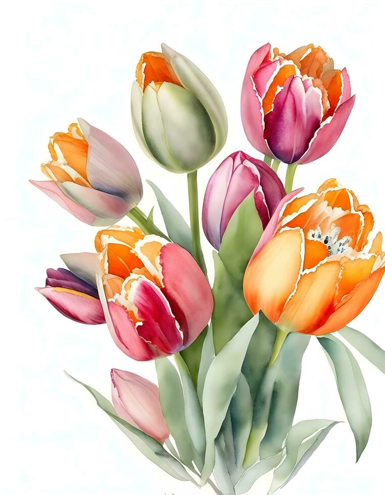 tulp bloem boeketten. waterverf botanisch kunst. wit achtergrond. ai generatief foto