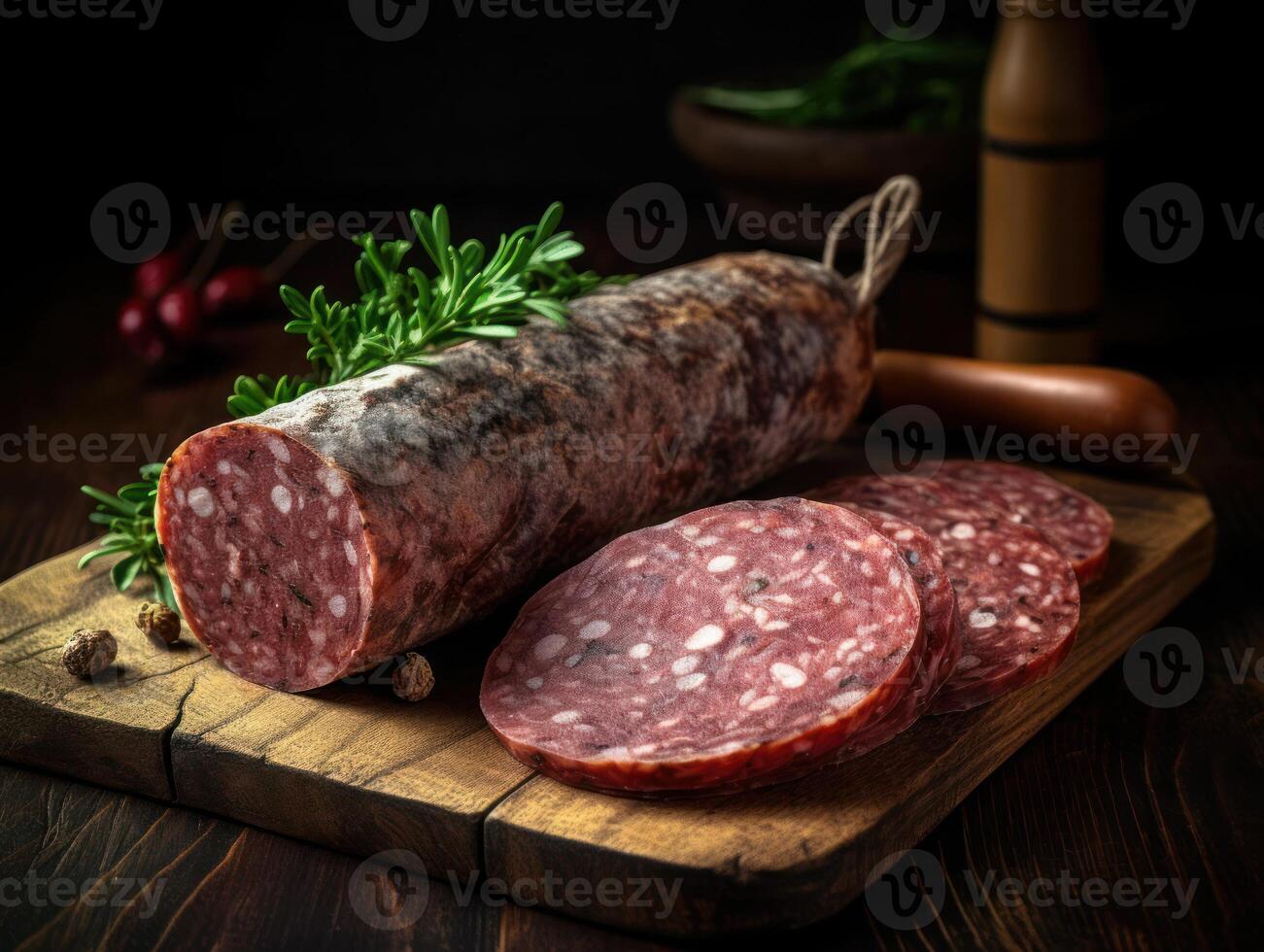 delicatessen salami worst met wit gietvorm fouet gemaakt met generatief ai technologie foto