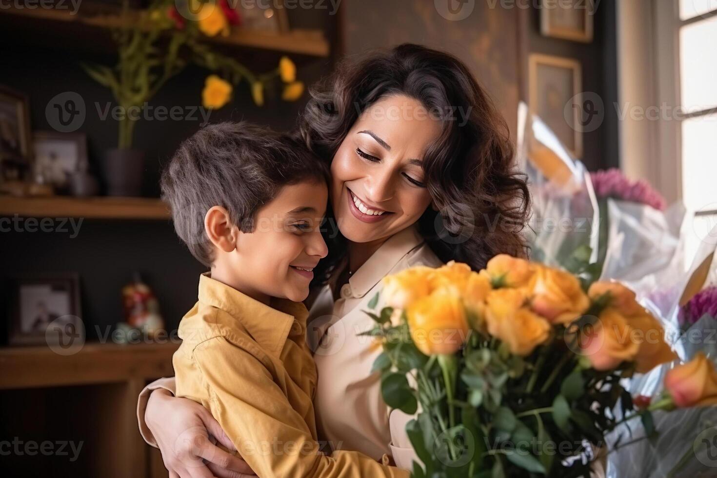 jong etnisch vrouw moeder met bloem boeket omarmen zoon terwijl krijgen Gefeliciteerd Aan moeder dag. ai gegenereerd foto