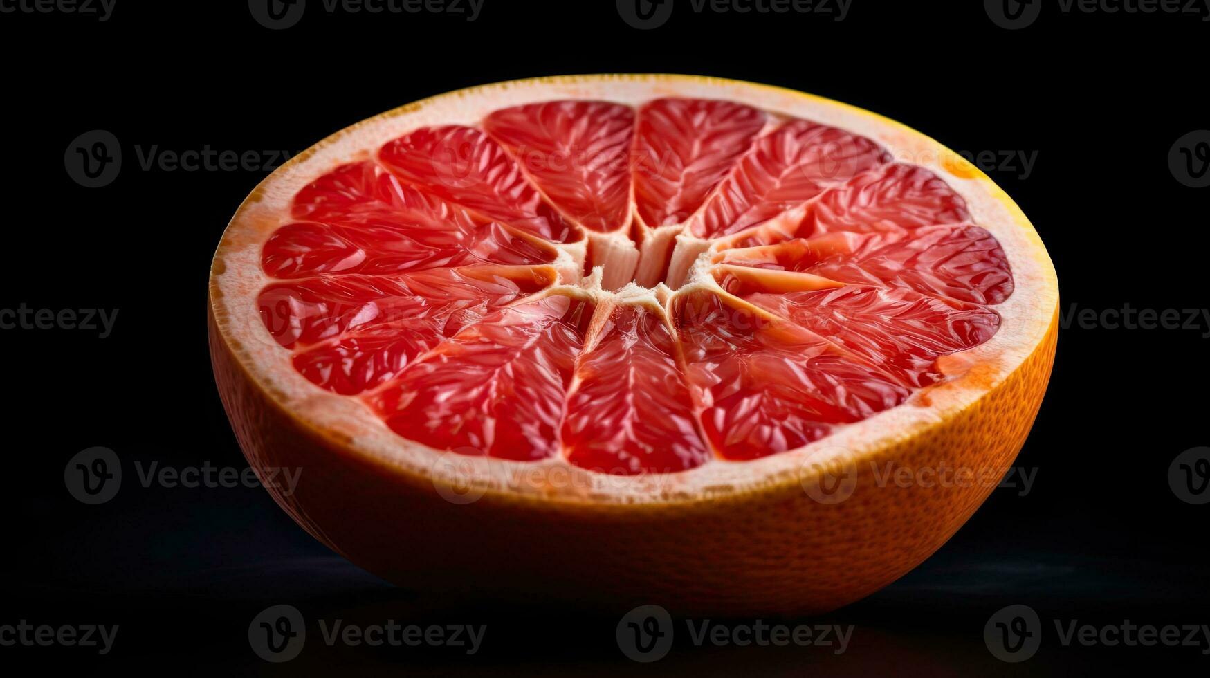 3d kunst beeld van voor de helft besnoeiing sappig grapefruit plak geïsoleerd Aan zwart achtergrond. generatief ai. foto