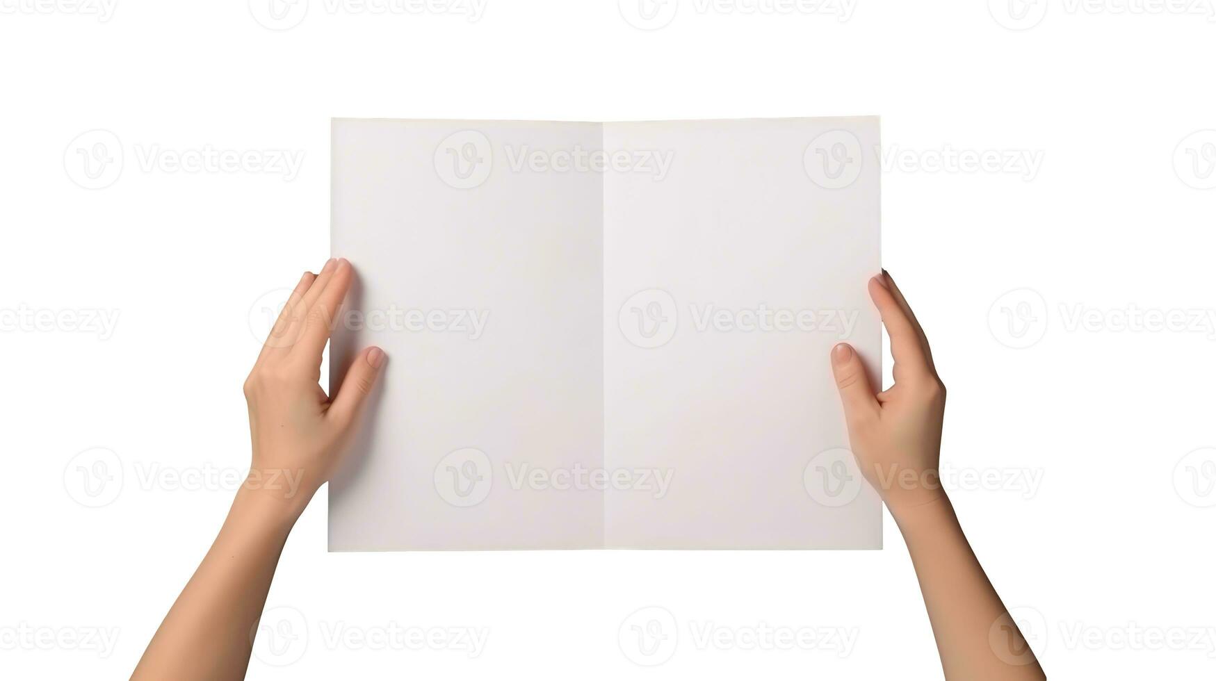 fotografie van menselijk hand- Holding blanco wit tweevoudig papier. foto