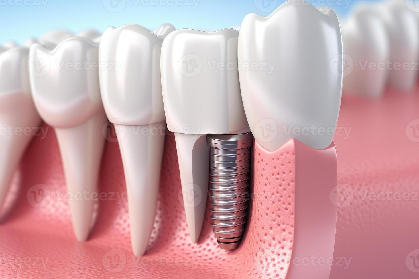 tandheelkundig implantatie, tanden met implantaat schroef, illustratie. ai gegenereerd foto