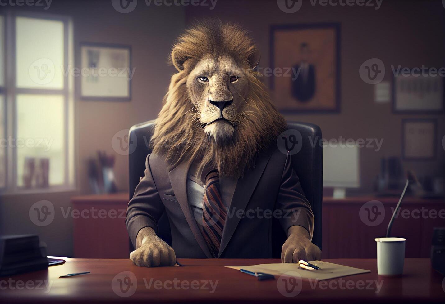 leeuw vervelend pak in kantoor , zakenman leeuw zittend Bij kantoor. ai gegenereerd foto