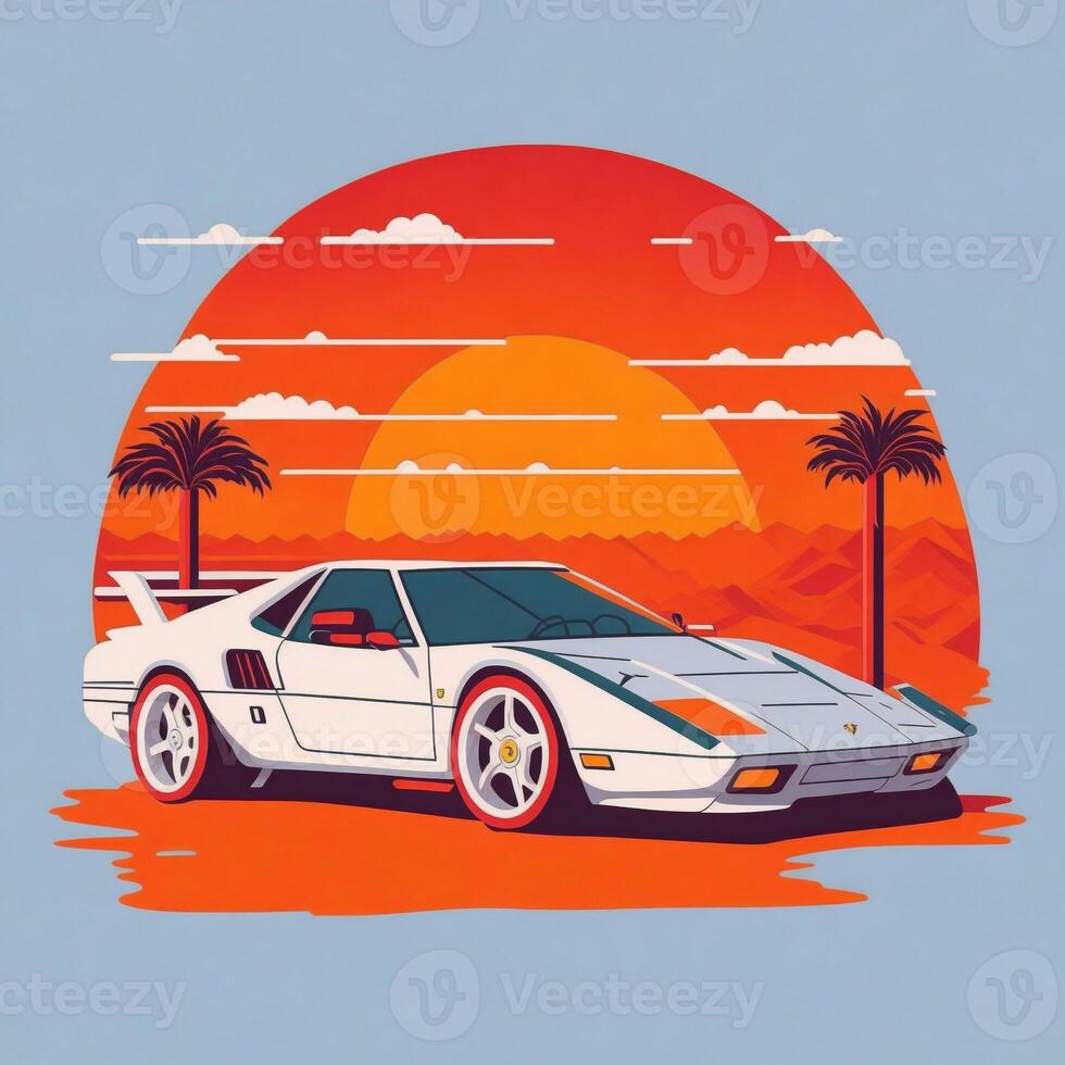 artwork van t-shirt grafisch ontwerp vlak ontwerp van een retro auto. ai gegenereerd foto