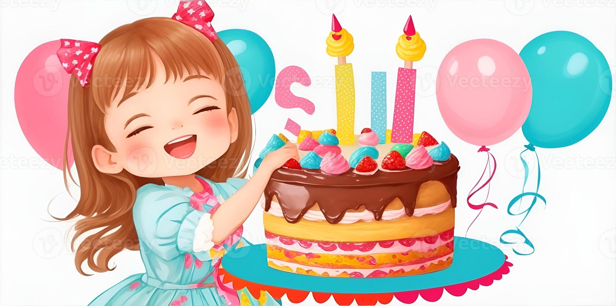 illustratie van een gelukkig weinig meisje en haar verjaardag taart. ai gegenereerd. foto