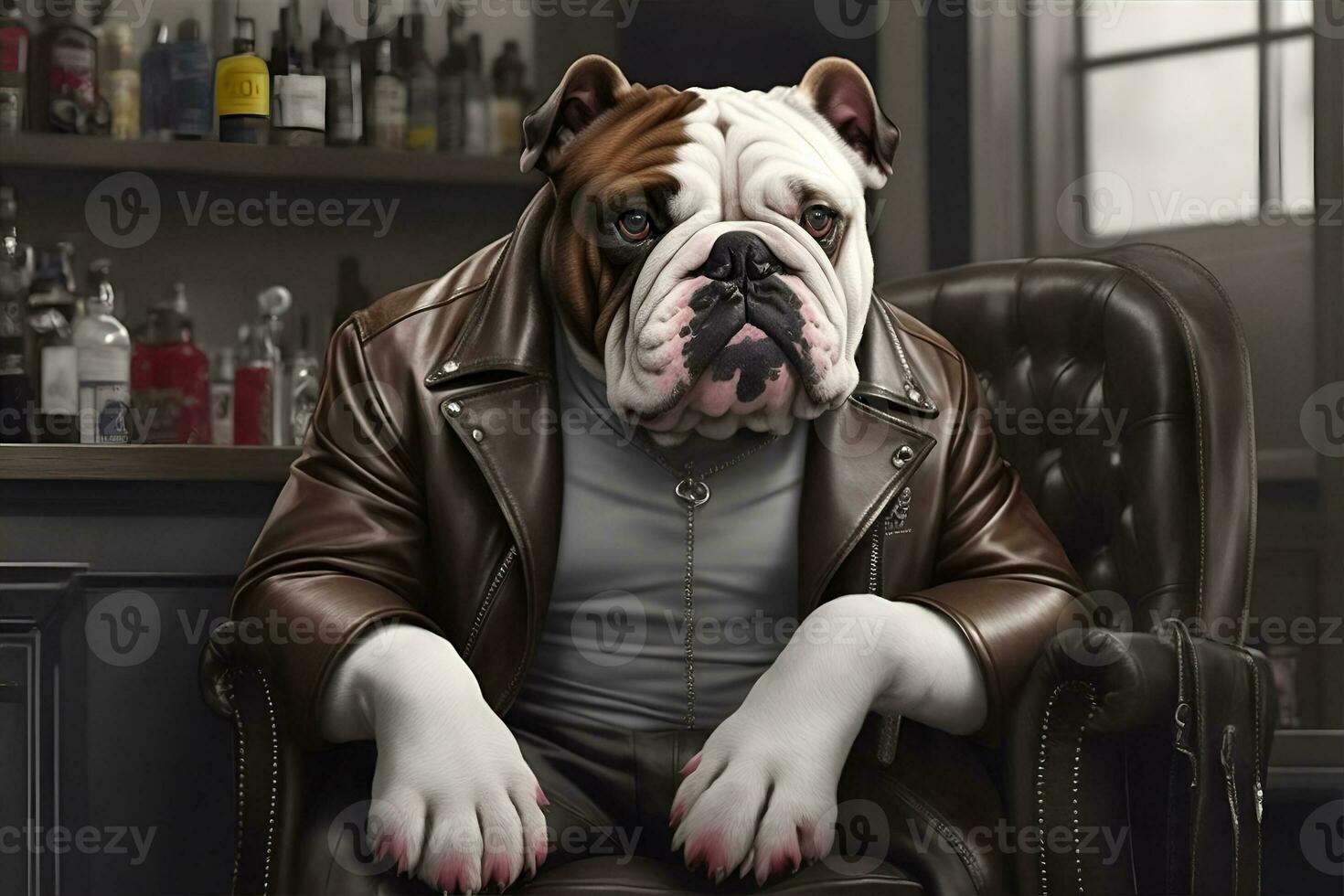 bulldog gekleed in een leer jasje zittend in een stoel. ai gegenereerd foto