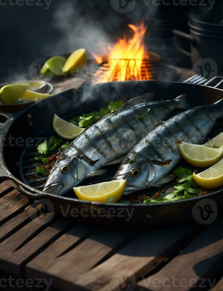 gegrild sardines met tijm Chili en limoen. ai gegenereerd foto