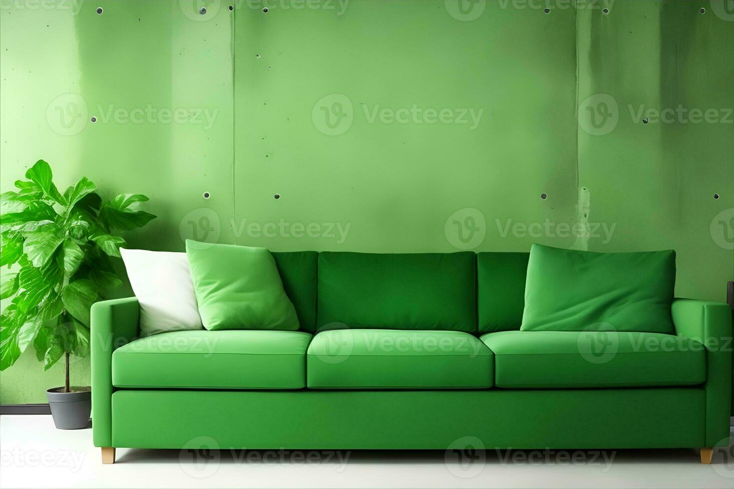 leven kamer met groen sofa en decoratie kamer Aan leeg beton muur achtergrond. ai gegenereerd foto