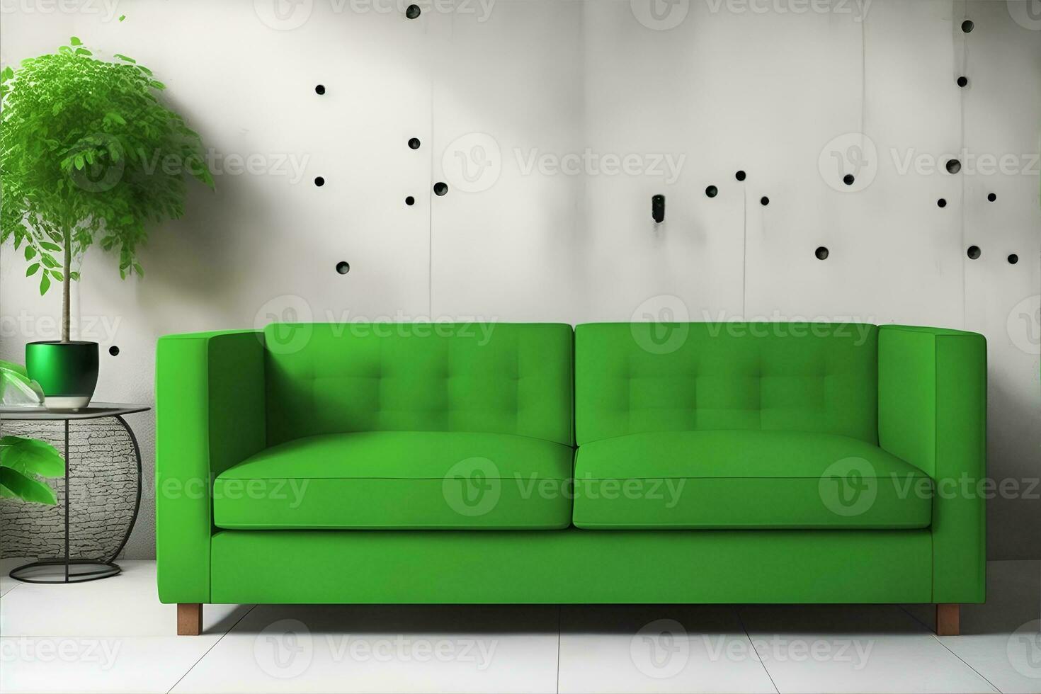 leven kamer met groen sofa en decoratie kamer Aan leeg beton muur achtergrond. ai gegenereerd foto