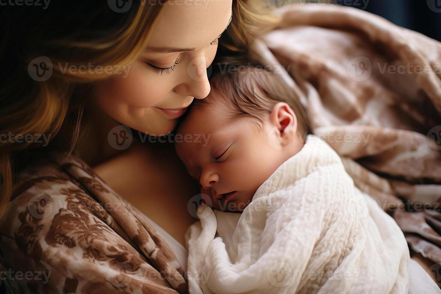 authentiek vastleggen van een Kaukasisch moeder en haar pasgeboren baby. ai gegenereerd foto