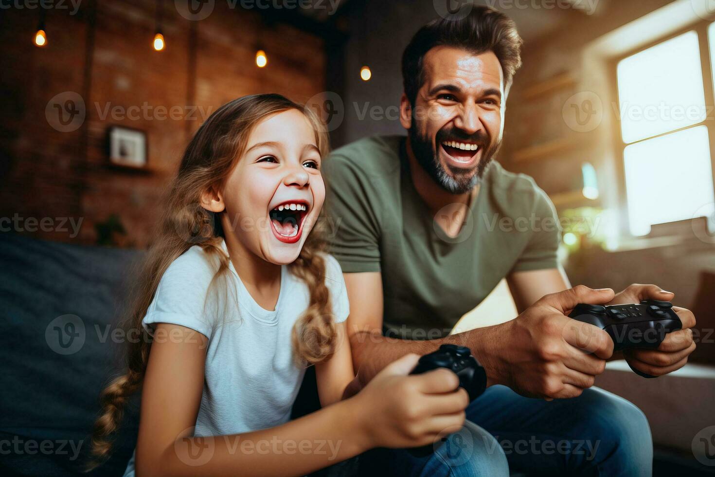 vader en dochter lach en Speel video spellen samen. ai gegenereerd foto