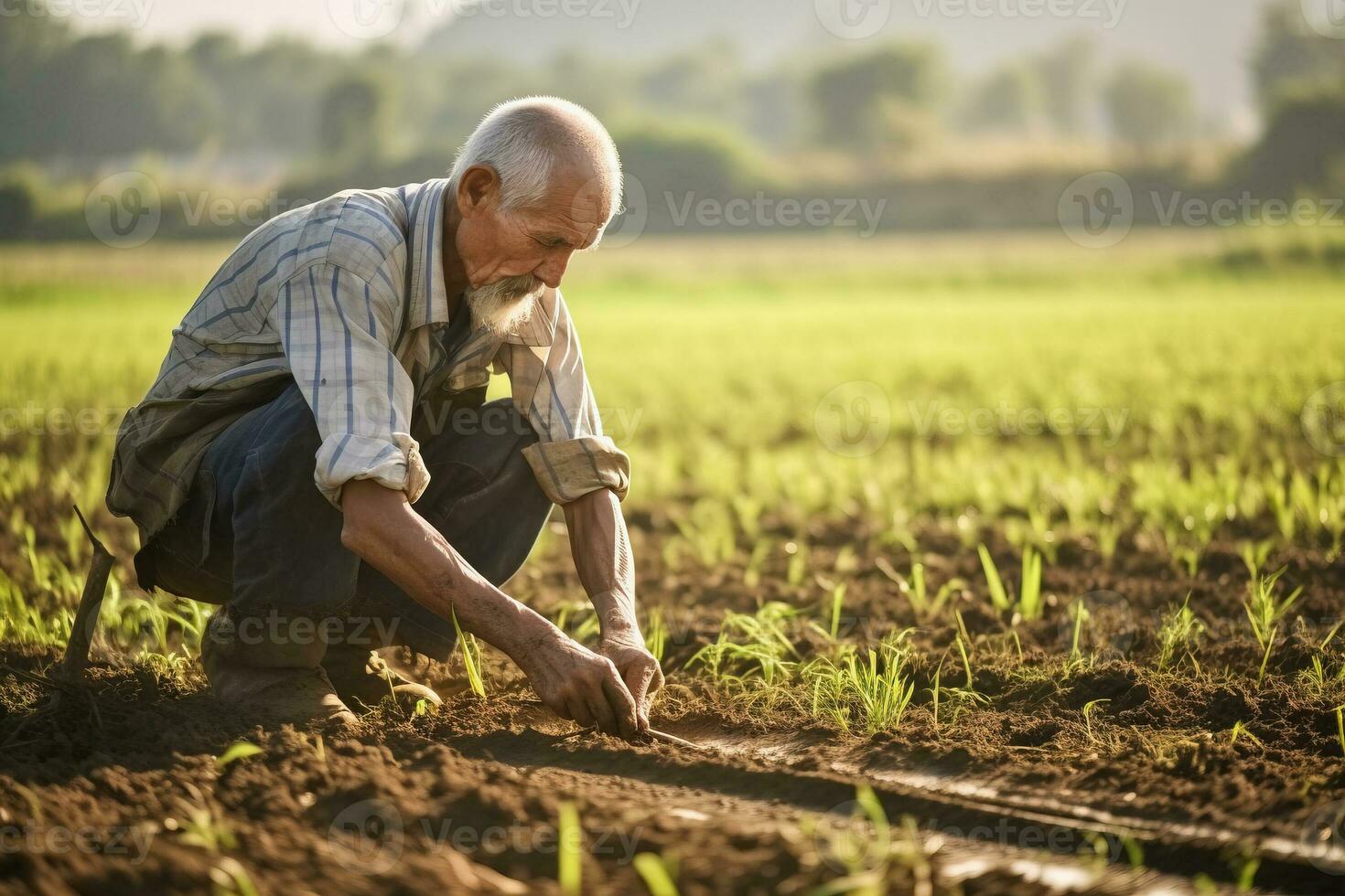 volwassen Mens werken Aan veld- net zo boer. ai gegenereerd foto